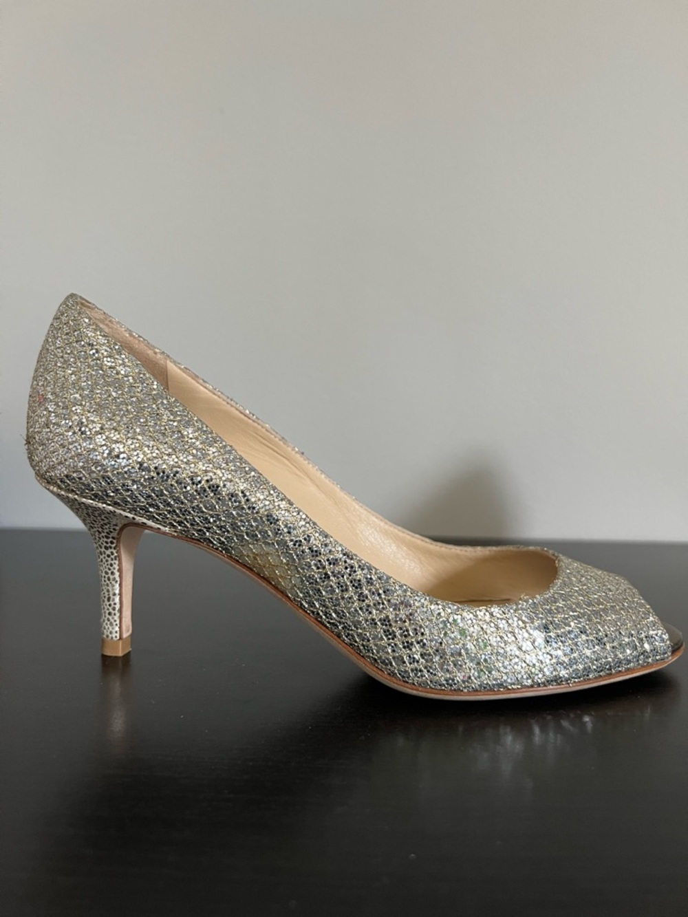 Jimmy Choo Isabel Champagne Glitter Open-Toe 2.5” Pumps Size 5 / 35 - Picture 15 of 16